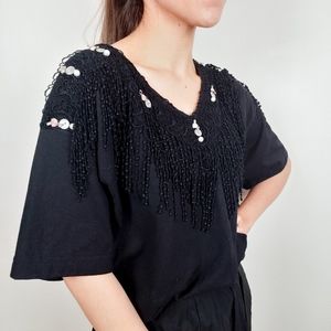 Vintage Black Fringe V-Neck Top Rose Button Pearl